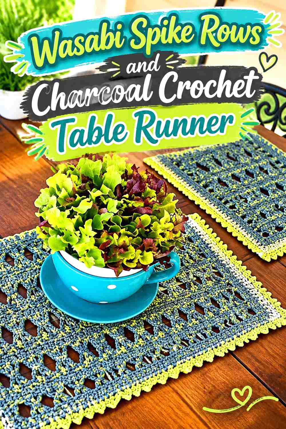 8. Wasabi Spike Rows And Charcoal Crochet Table Runner