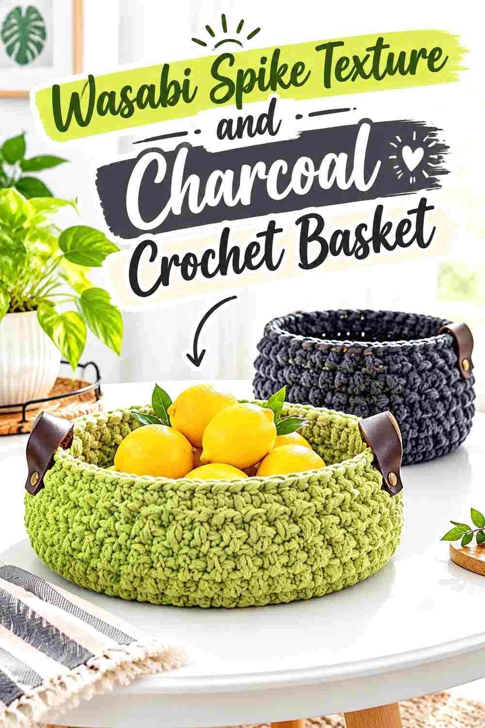 6. Wasabi Spike Texture And Charcoal Crochet Basket