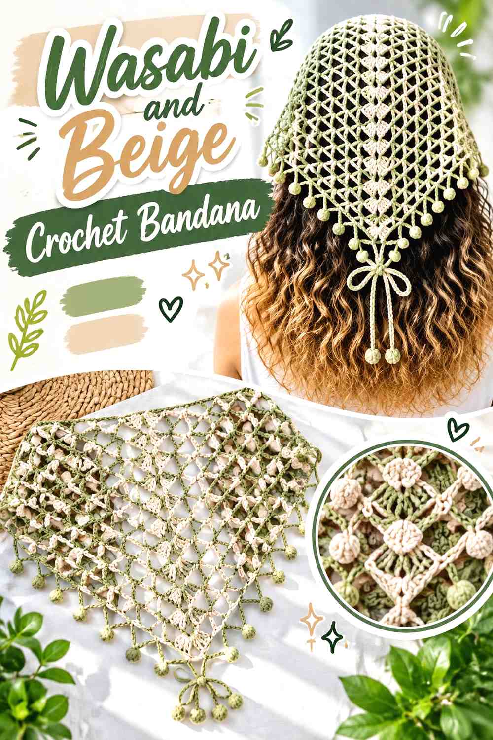 14. Wasabi And Beige Crochet Bandana