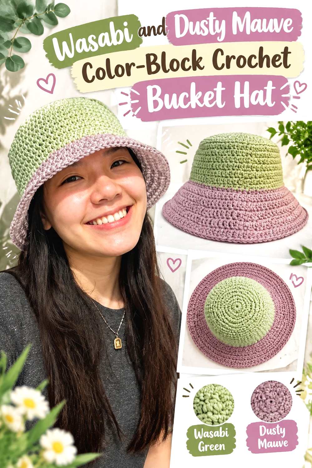 4. Wasabi And Dusty Mauve Color Block Crochet Bucket Hat