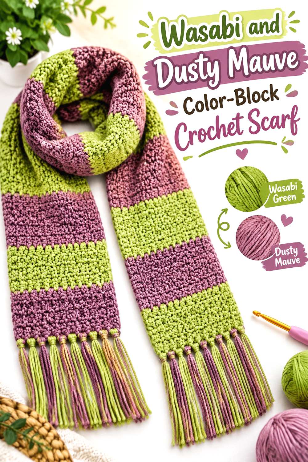 13. Wasabi And Dusty Mauve Color Block Crochet Scarf