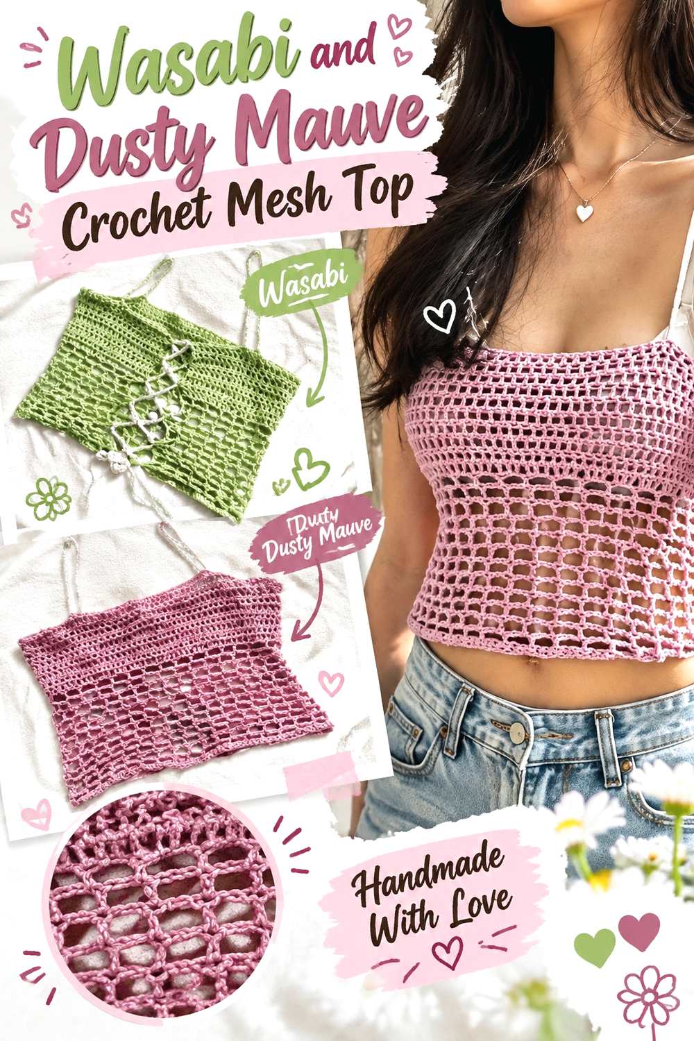 8. Wasabi And Dusty Mauve Crochet Mesh Top