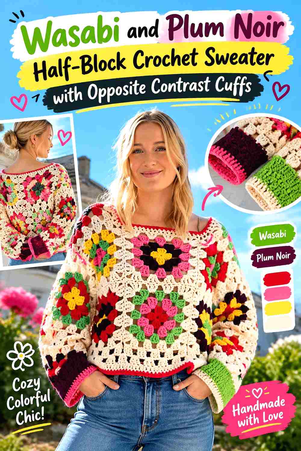 13. Wasabi And Plum Noir Half Block Crochet Sweater With Opposite Contrast Cuffs
