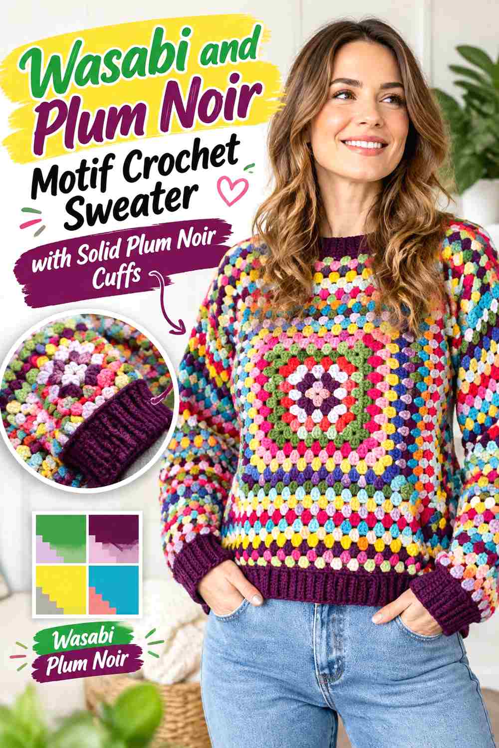 12. Wasabi And Plum Noir Motif Crochet Sweater With Solid Plum Noir Cuffs