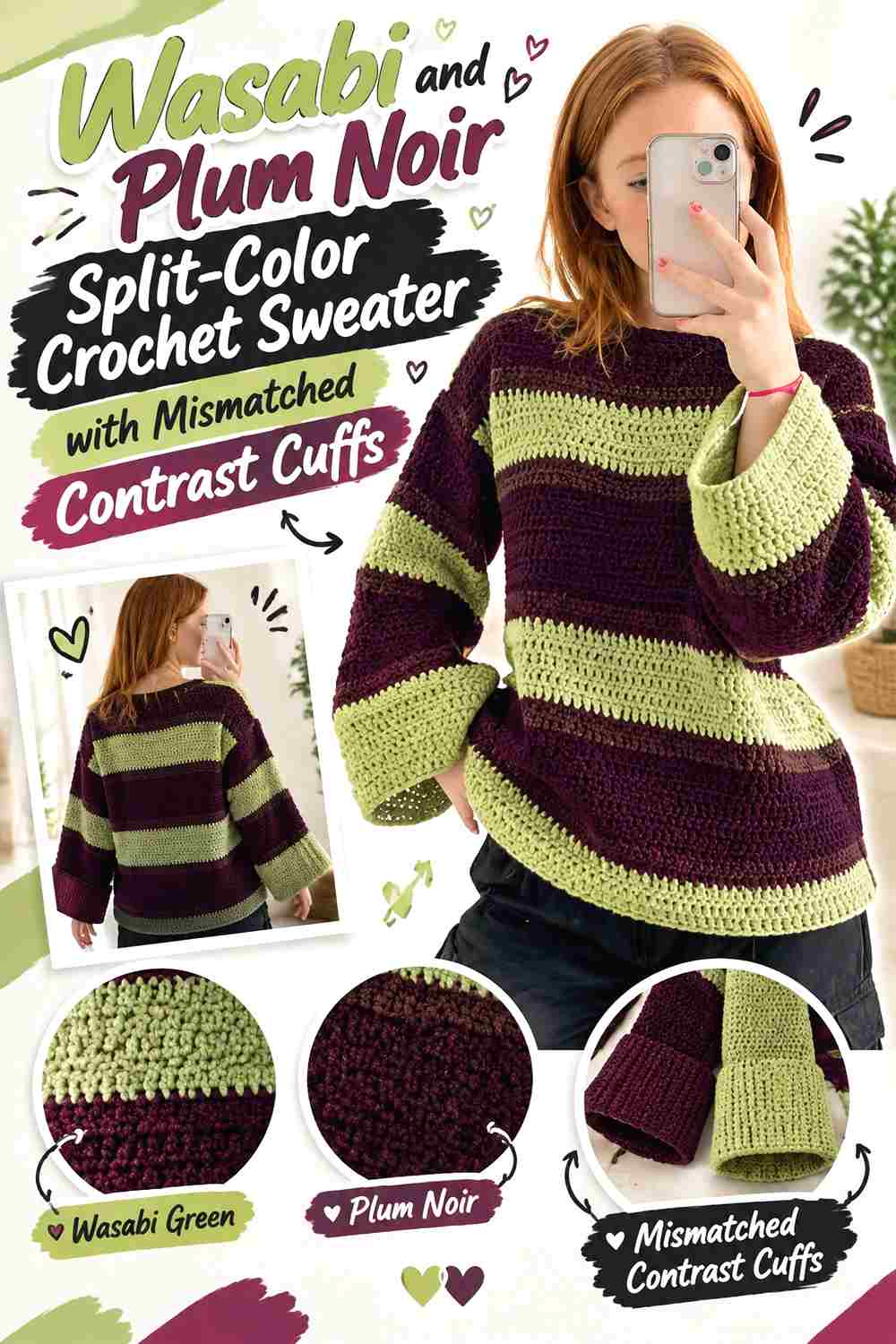 15. Wasabi And Plum Noir Split Color Crochet Sweater With Mismatched Contrast Cuffs