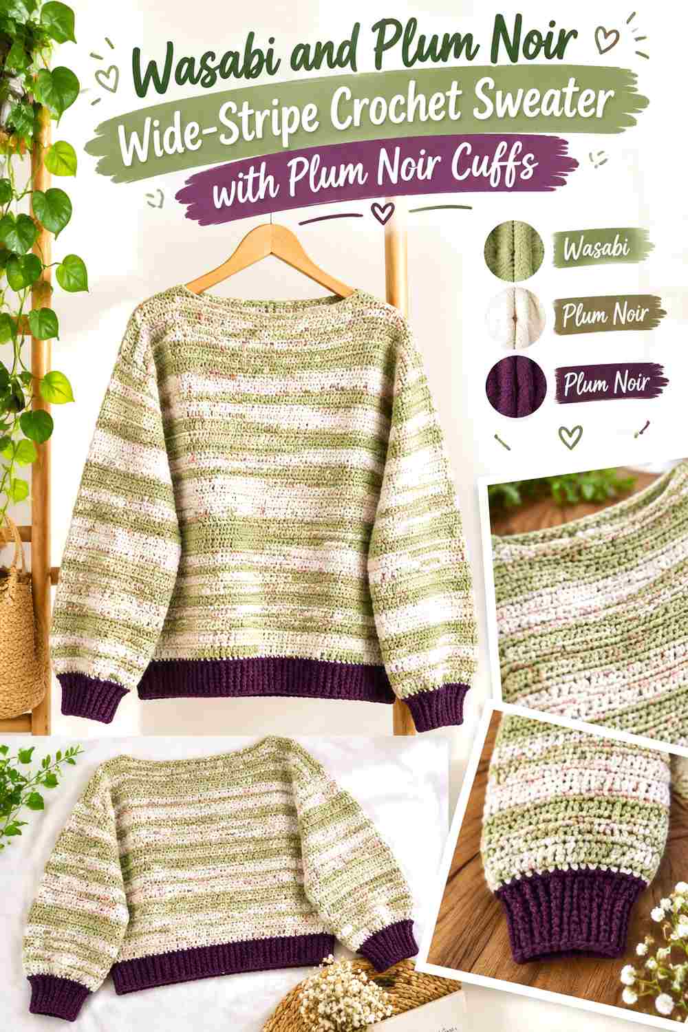 9. Wasabi And Plum Noir Wide Stripe Crochet Sweater With Plum Noir Cuffs