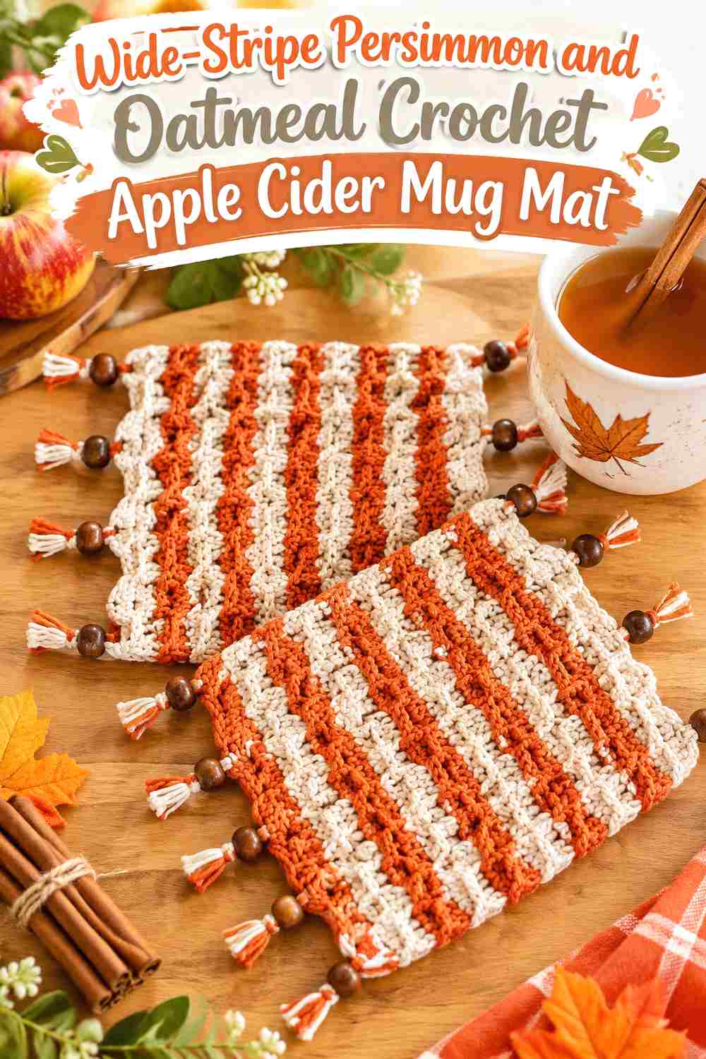 3. Wide Stripe Persimmon And Oatmeal Crochet Apple Cider Mug Mat